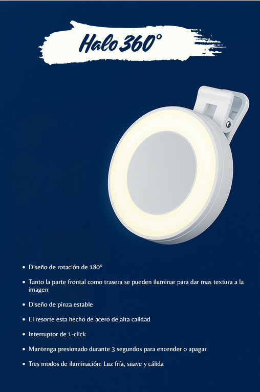 Halo360 LED Hub 3-en-1, Anillo de luz LED recargable con espejo y soporte para teléfono
